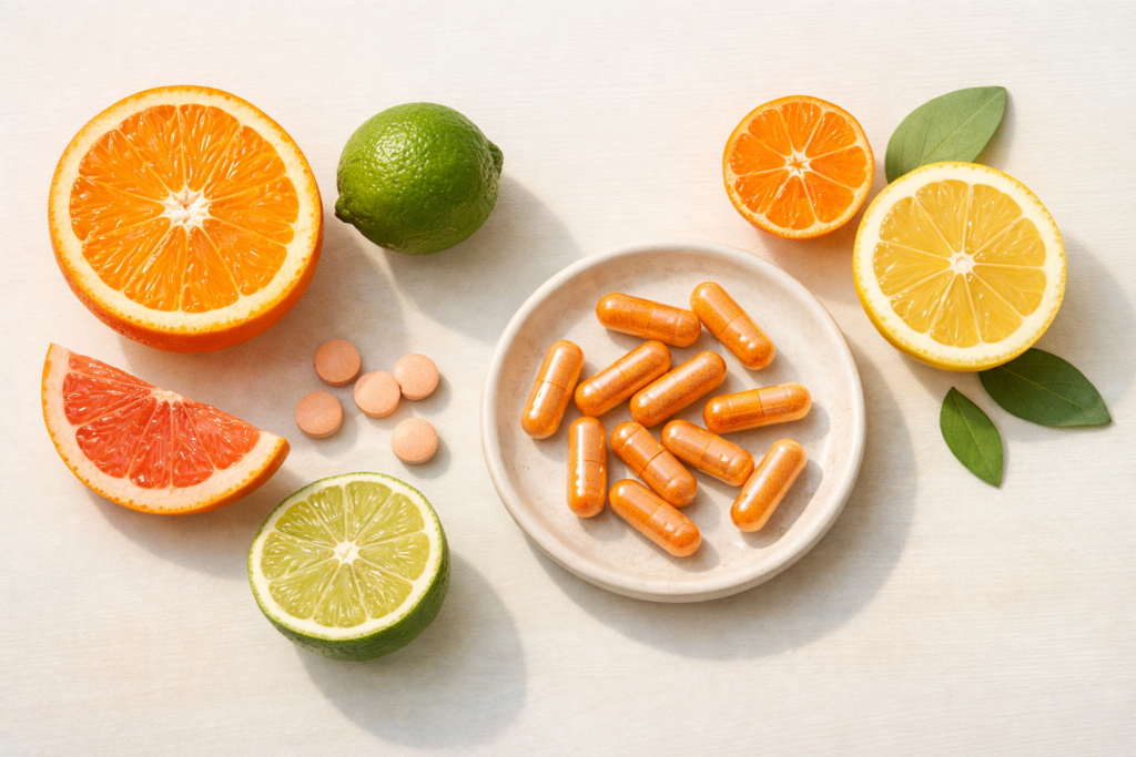 Vitamin C for fertility — citrus fruits and supplement capsules