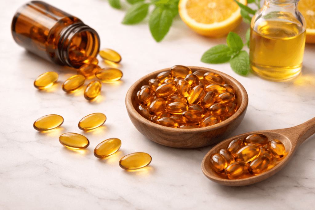 Best CoQ10 supplements for fertility softgel capsules with warm amber tones