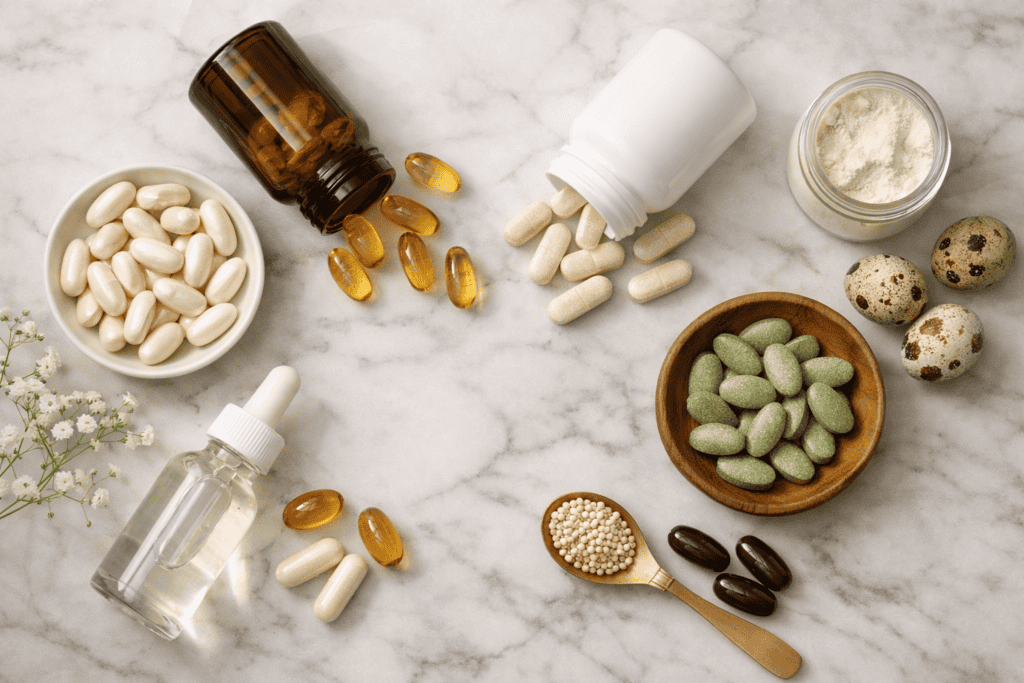 Best supplements for fertility including CoQ10 magnesium zinc and vitamins on marble surface