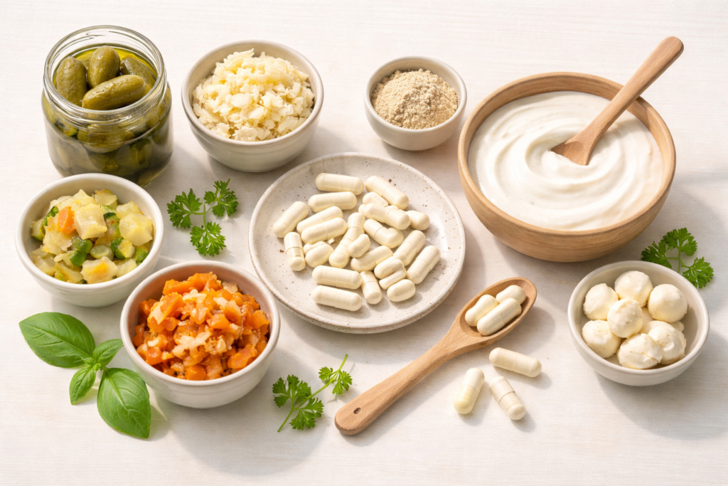 Probiotics for fertility — supplement capsules and fermented foods