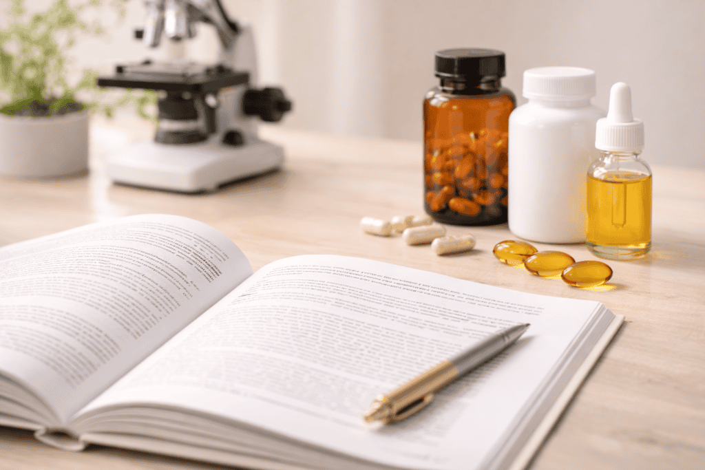 Fertility supplement research with open journal and evidence-based wellness tools