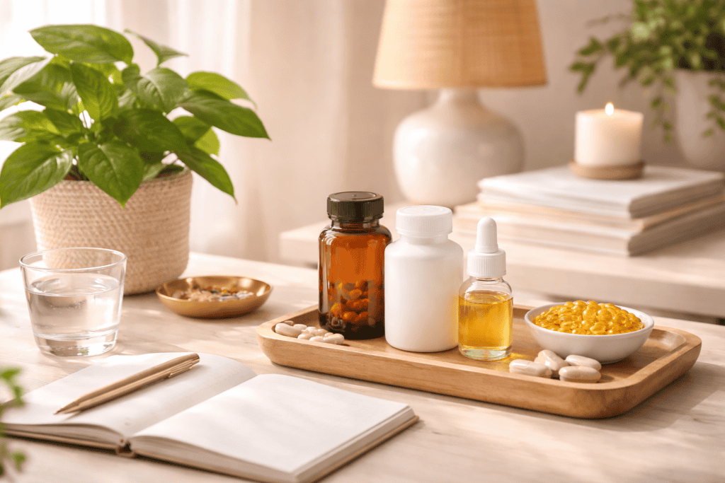 Fertility supplements and wellness workspace with natural lighting