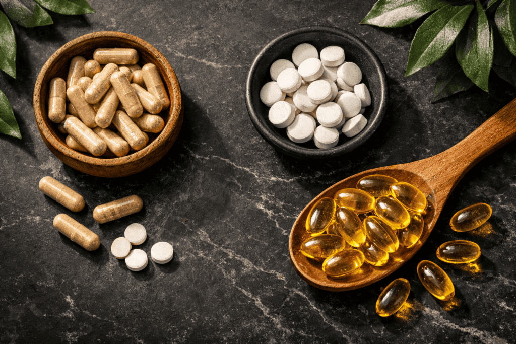 Best fertility supplements for men with capsules and zinc tablets on dark slate surface