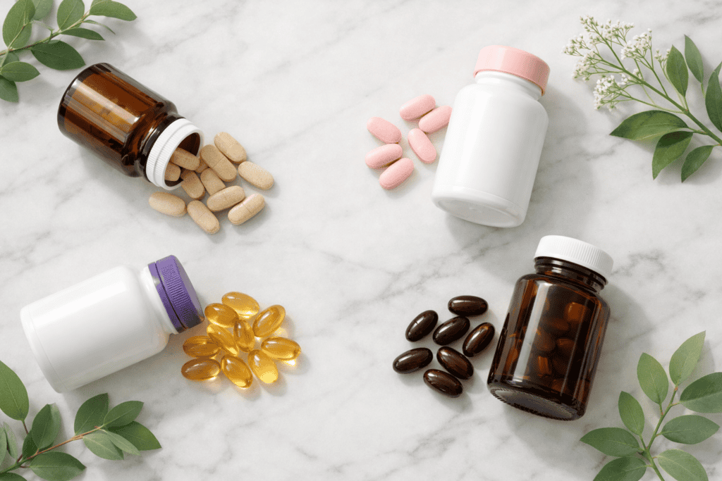 Best prenatal vitamins for fertility with capsules and green botanical accents on marble