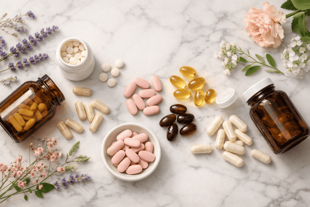 Fertility vitamins for women including supplement capsules and botanical elements on marble surface