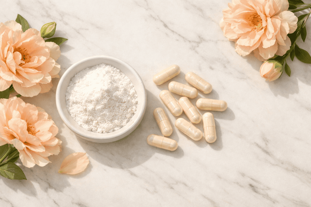 Myo inositol fertility powder and supplement capsules with peach flowers on marble surface