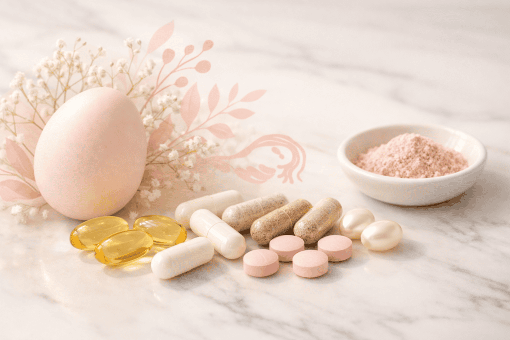 Supplements for egg quality including CoQ10 capsules and botanicals on marble surface